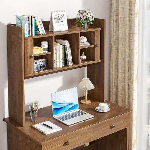 Mid Century Modern Desktop Bookshelf, 36 x 32 Inch Fluted Desk Hutch Storage with 2 Doors, Wooden Desk Shelf Organizer for Laptop, Desktop Shelf for Dorm, Study, Office, Walnut, Brown - Image 5
