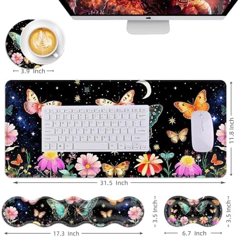 Mouse Pad,Large Desk Mat Set, 4in1 XL Mousepad + Keyboard Wrist Rest+Mouse Wrist Rest+Coaster with Ergonomic Desk Pad for Home Office Table Computer Cover -Butterfly Moon Flower - Image 6