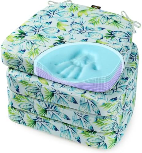 SUNROX Cooling Gel Memory Foam Chair Cushions, 2.6" Thick U-Shaped Dual-Layer Comfort Dining Chair Pads, Non Slip Seat Cushion with Ties for Indoor Kitchen Office 17"x16" Set of 4, Aqua Pilea Notata by SUNROX