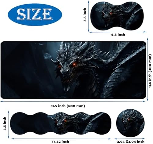 4 in 1 Mouse Pad Combo, Large Gaming Mouse Pad + Keyboard Wrist Support + Mouse Wrist Rest + Coaster, Table Pad 31.5 "x 11.8" with Memory Foam Ergonomic Wrist Pad Set, Cool Dark Dragon - Image 6