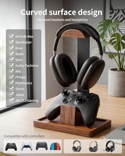 Headphone Stand and Controller Holder, 2-in-1 Walnut Wood Gaming Desk Organizer Compatible with Controllers, Display Mount for AirPods Max, Bose, Sennheiser, Gift for Gamers - Image 3