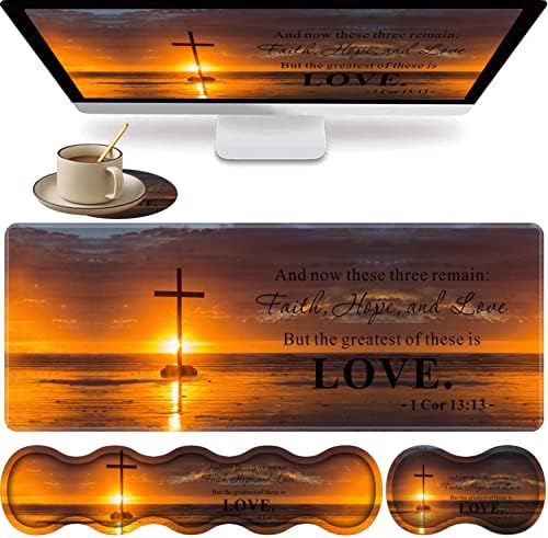 Large Gaming Mouse Pad, Keyboard Wrist Rest + Mouse Wrist Pad + Coaster Combination Set, Memory Sponge Non-Slip Base. Suitable for Office and Home, Christian Cross by FOKBVNFLL