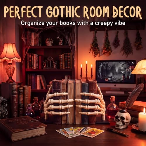 Skeleton Hand Bookend, White Resin Skull Finger Bookstop with Wooden Base - Image 3