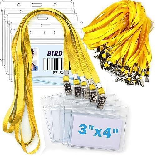 4x3 Name Tags Badge Holder with Lanyard 50 Pack Waterproof Horizontal ID Badge Holder and 50 Pcs Lanyards Nametag for Conferences, Events, and Meetings (Yellow, 4 X 3 inches) by BirdFiy