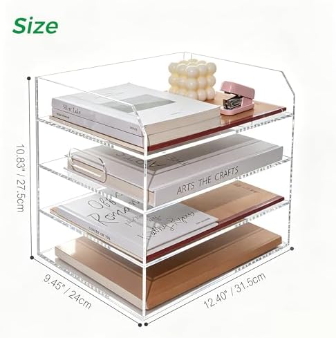 Paper Tray Organizer for Desk, 4 Tier Acrylic Desk Organizers and Accessories, One-Piece Integrated A4 Paper Organizer with Handles, Crystal-Clear Letter Tray & Office File Holder, Books Notes - Image 2