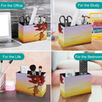 PU Leather Multi-Compartment Pen Holder Desktop Organizer Pencil Cup Storage Caddy for Office Home Supplies Happiness Or Dream Concept Silhouette of Happy Woman Jumping with Multicolored Balloons at S - Image 4