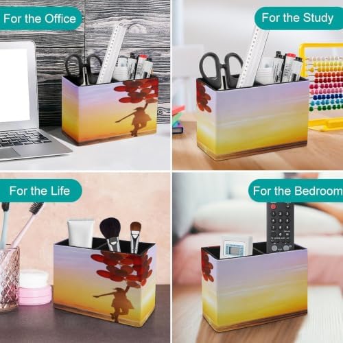 PU Leather Multi-Compartment Pen Holder Desktop Organizer Pencil Cup Storage Caddy for Office Home Supplies Happiness Or Dream Concept Silhouette of Happy Woman Jumping with Multicolored Balloons at S - Image 4