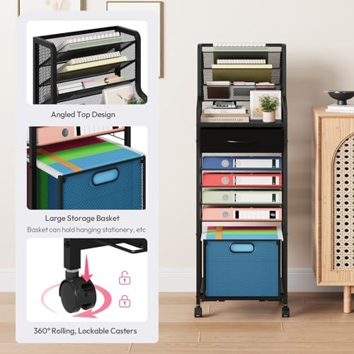 SWTYMIKI 10-Tier Rolling File Cart - Mesh Paper Organizer with Drawer and Hanging File Folders on Lockable Wheels, Rolling File Cabinet for Office Organization, Storage in Home, Studio, School, Black - Image 6
