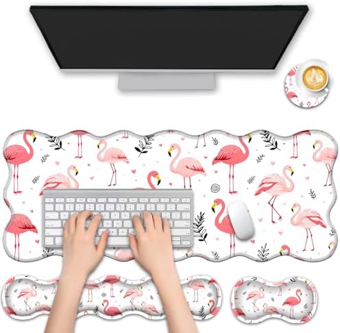 4 in 1 Desk Mat Set,Mouse Pad with Keyboard Wrist Rest,Wave-Shaped Design,Non-Slip Rubber Base,Waterproof,for Home,Office,Gaming,Cute Flamingo by FGDRFGRW