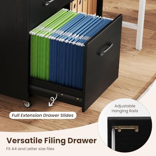 Giantex 3-Drawer Mobile File Cabinet, Rolling Printer Stand with Open Storage Shelves, Under Desk Lateral Filing Cabinet for Letter/A4 Size, Wooden Office Organizer with Wheels for Home Office (Black) - Image 5