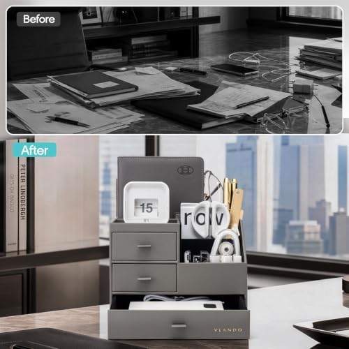 VLANDO Desk Organizer,PU Leather Office Storage with Compartments,Gray - Image 4