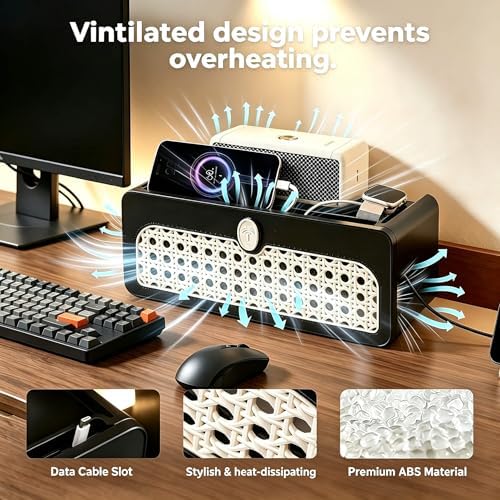 Faux Rattan Cable Management Box, Black - Image 3