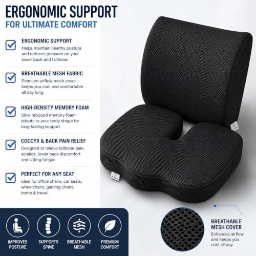 2-in-1 Memory Foam Seat Cushion & Lumbar Support Set | Ergonomic Office Chair Cushion for Tailbone, Sciatica & Help Back Pain Relief | Non-Slip Coccyx Pad, Washable Cover, Adjustable Strap - Image 2