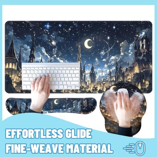 Midnight Castle Desk Mat Set Fantasy Sky Large Mouse Pad with Wrist Rest 4in1 Desk Mat for Desktop Ergonomic Computer Desk Arm Wrist Anti-Slip Computer Ergonomic Mouse Pad Home Office Gaming - Image 4