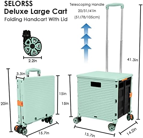 Foldable Utility Cart Portable Collapsible Crate Rolling Carts with Wheels Rolling Tote Basket Teacher Cart with Lid Wear-Resistant 360°Rotate Wheel Noiseless for Shopping Storage Office Use - Image 5