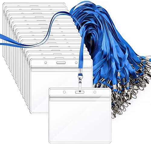 Segarty Lanyards with ID Holder, 100 Pack Horizontal Clear Plastic Badge Name Tags Key Card Holder, Blue Strap Clips Waterproof Ziplock Nametag Protector for Women, Business, Office by Segarty