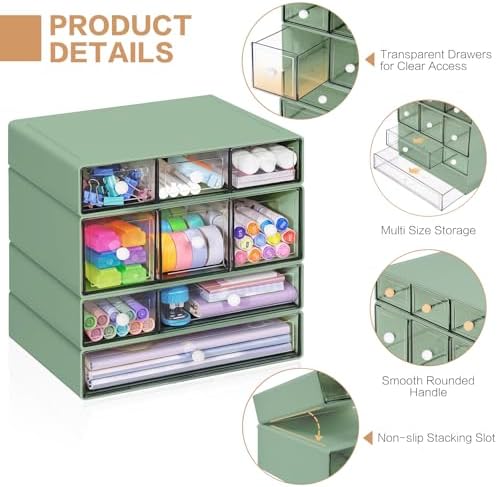 Desk Storage Organizer with 9 Drawers, 4 Tiers Stackable Desktop Craft Storage Drawers, Clear Storage Box Caddy for Stationary Makeup Jewelry Office Craft Supplies (Green) - Image 4