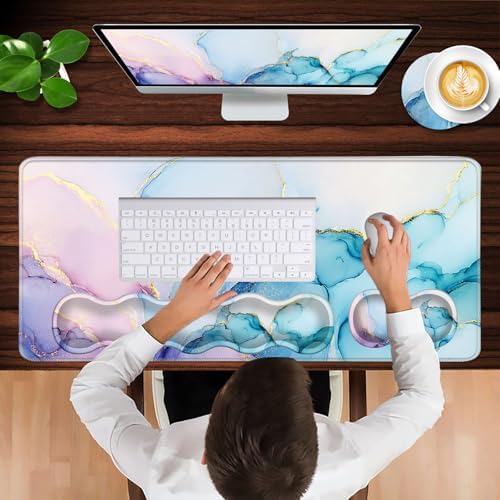 Keyboard Wrist Rest and Mouse Pad with Wrist Support Set Ergonomic Coaster,Memory Foam,Easy Typing Pain Relief,Large XL Desk Mat 31.5"x 11.8",Cyan Blue Marble - Image 4