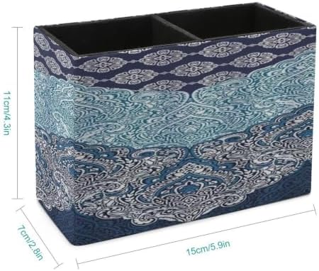 PU Leather Multi-Compartment Pen Holder Desktop Organizer Pencil Cup Storage Caddy for Office Home Supplies Boho Paisley India Bohemia Dark Navy - Image 2