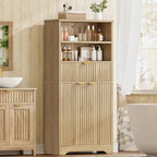TEENFON Tall Storage Cabinet with Adjustable Shelf & Drawer, Fluted Cabinet with Doors, Kitchen Pantry Cabinets, Bathroom Storage Cabinets, for Living Room, Entryway, Home Office, Natural - Image 6