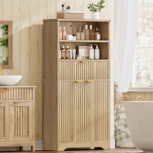 TEENFON Tall Storage Cabinet with Adjustable Shelf & Drawer, Fluted Cabinet with Doors, Kitchen Pantry Cabinets, Bathroom Storage Cabinets, for Living Room, Entryway, Home Office, Natural - Image 6
