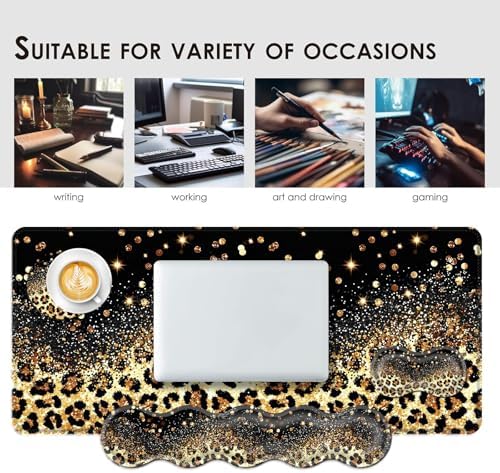 Large Keyboard Mouse Pad Set, Extended Mouse Pad+Keyboard Wrist Rest Support, Memory Foam Ergonomic Easy Typing, 4Pcs (31.5×11.8 in) Desk Pad Set for Office Home,Leopard Print - Image 7