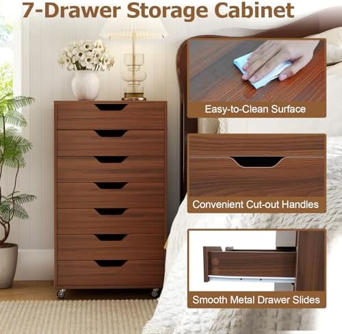 GIANTEX 7-Drawer Storage Cabinet, Mobile File Organizer with 4 Universal Casters, Wooden Vertical Filing Cabinet on Lockable Wheels for Office, Study, Living Room (19” x 15.5” x 34.5”,Walnut) - Image 6