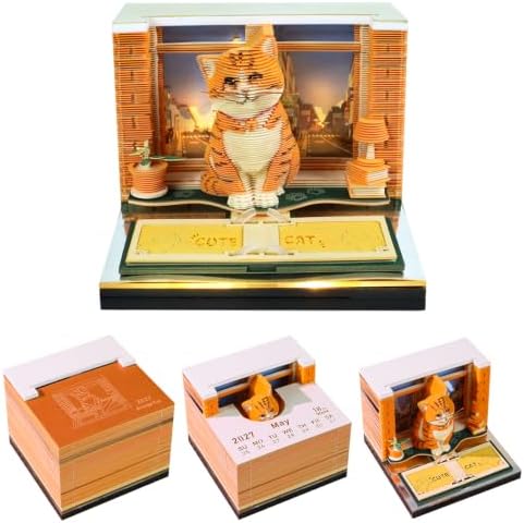 3D Calendar 2027, 3D Memo Pad Art Sticky Notes, Time Piece Calendar 2027, Creative Weekly Notepad with Light, Paper Carving Art Desktop Gift for Christmas Birthday Anniversaries (Orange Cat 2027) by Banigic
