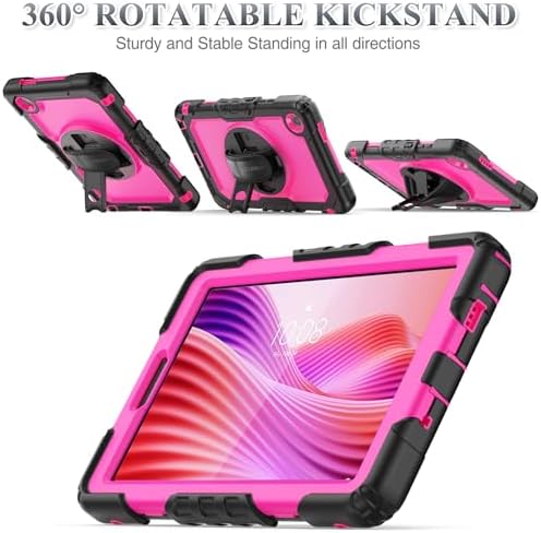 SEYMAC stock Tablet Case for Lenovo Tab One / K9 (TB305FU) 8.7 inch Drop-Proof Protection Cover with 360° Rotate Stand & Strap [Pen Holder] & Screen Protector 2025, Rose+Black - Image 4