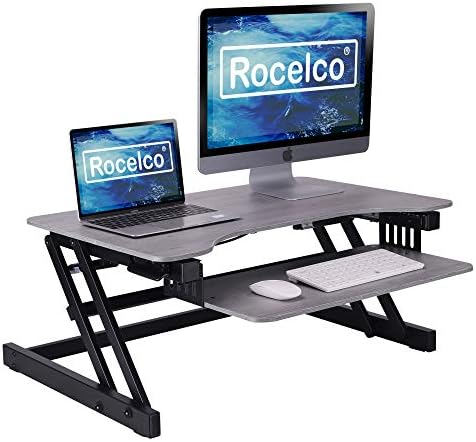 Rocelco 32" Height Adjustable Standing Desk Converter - Quick Sit Stand Up Dual Monitor Riser - Gas Spring Assist Tabletop Computer Workstation - Large Retractable Keyboard Tray - Grey (R ADRG) by Rocelco