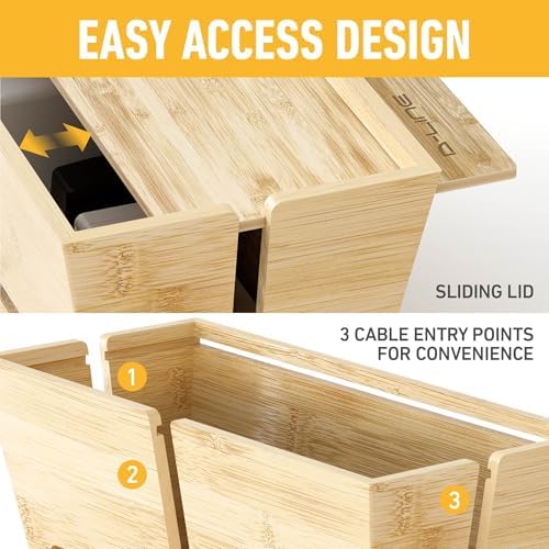 D-Line Bamboo Cable Management Box – Hide Power Strips, Large Cable Organizer Box for Home & Office, Wooden Cord Organiser for Desk, TV & Floor – Natural Finish - Image 5