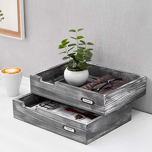 MyGift Ash Gray Wood Paper Tray Organizer, Stackable File Trays Set of 2 - Image 2
