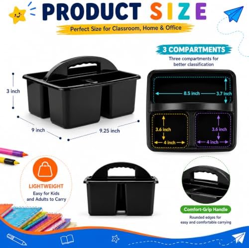 Haundry 6 Pack Black Classroom Caddy, 3-Compartment Plastic Supply Bins - Image 2