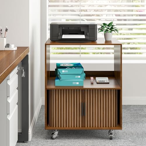 3-Tier Printer Stand, Fluted Rolling Printer Table with Storage, Walnut by TAUXKOI