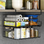 Hanging Under Shelf Storage Basket, 4 Pack Foldable Under Cabinet Metal Desk Storage Wire Rack Organizer for Kitchen Pantry Bookshelf Office Home, Easy to Install Slide-in Under Shelves (Black) - Image 3