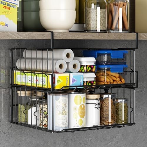 Hanging Under Shelf Storage Basket, 4 Pack Foldable Under Cabinet Metal Desk Storage Wire Rack Organizer for Kitchen Pantry Bookshelf Office Home, Easy to Install Slide-in Under Shelves (Black) - Image 3