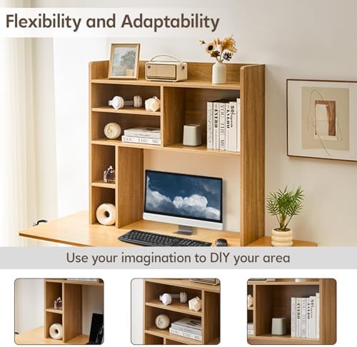 OFCASA Desktop Bookshelf, Countertop Storage Hutch with 7 Shelves for Computer Desk, 35.4'' 3-Tier Display Rack, Multipurpose Wooden Desk Hutch Storage Organizer for Home Office Dorm, Natural - Image 7