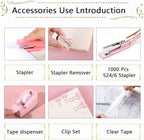 Office Supplies,Desk Accessories, Stapler and Tape Dispenser Set for Women with Stapler, Tape Dispenser, Staple Remover, Staples, Clips, Scissor and Tabs,Gift for Students, Coworkers - Image 2