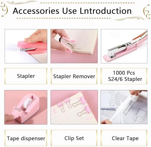 Office Supplies,Desk Accessories, Stapler and Tape Dispenser Set for Women with Stapler, Tape Dispenser, Staple Remover, Staples, Clips, Scissor and Tabs,Gift for Students, Coworkers - Image 2