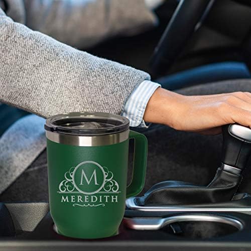 Custom Personalized 20 oz Stainless Steel Powder Coated Vacuum Insulated Double Walled Travel Tumbler Coffee Mug with Handle and Lid (Green) - Image 5