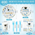 400 Pcs Class of 2026 Light Blue Graduation Decoration Floral for 50 Guests, Flower Blue Gold Graduation Paper Plates Napkins Cups Cutlery Grad Tableware for 2026 Congrats Grad Party Supply - Image 3