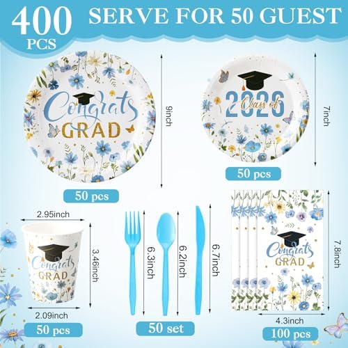 400 Pcs Class of 2026 Light Blue Graduation Decoration Floral for 50 Guests, Flower Blue Gold Graduation Paper Plates Napkins Cups Cutlery Grad Tableware for 2026 Congrats Grad Party Supply - Image 3