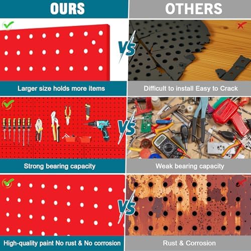 4 Pack Steel Peg Board,Universal 1/8 and 1/4 Pegboard Accessories,Ideal for Garage Tool Storage, Office Organization, Craft Room, Kitchen etc. (Red, 4-12X12) - Image 5