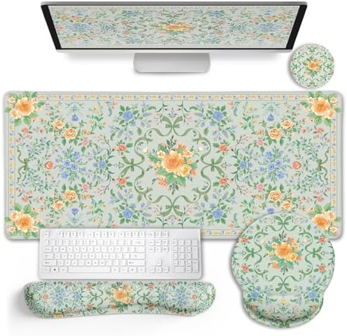 LIMKRIAN Floral Desk Mat Set, Cute Green Mouse Pad with Gel Wrist Rest by LIMKRIAN