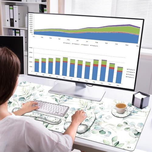 Large Mouse Pad with Wrist Support 4in1 Set, XXL Big Game Mousepad +Keyboard Wrist Rest+Mouse Wrist Rest+Coaster with Ergonomic Design Gaming Mat for Home Office Computer I Eucalyptus Branches - Image 7