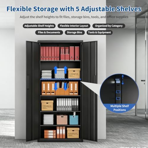 71" Metal Storage Cabinet, Locking Garage Storage Cabinet with Doors and 5 Adjustable Shelves, Tall Black Cabinet for Office, Garage, School - Image 3