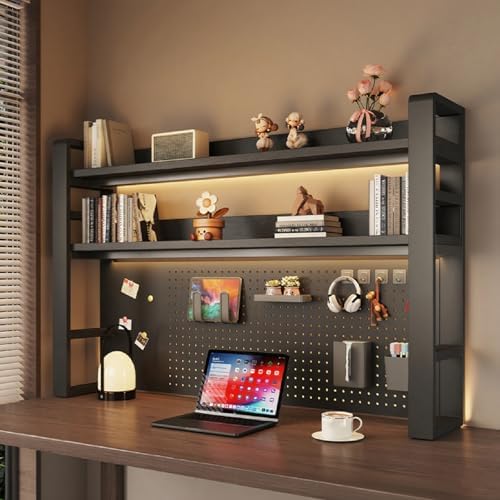 Desk Shelf Organizer for Top of Desk – Desktop Bookshelf with Pegboard & Storage Accessories, Adjustable Hutch for Dorm or Office, Steel Frame Display Shelf, N Black frame + black board 61*9.8*36.6in by Unknown