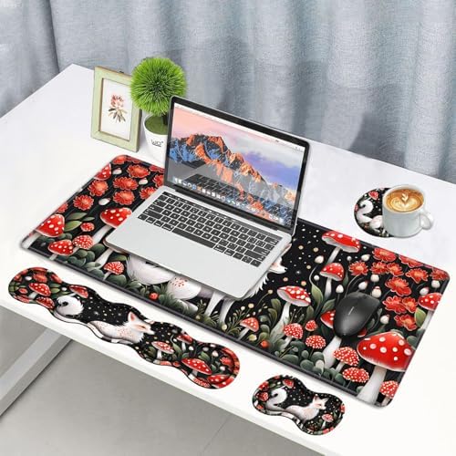4 in 1 Ergonomic Memory Foam Mouse Pad Wrist Rest Set, Large XXL Gaming Desk Pad + Keyboard Wrist Rest + Mouse Wrist Cushion + Coaster for Home Office Study Gaming, White Fox Mushroom - Image 7
