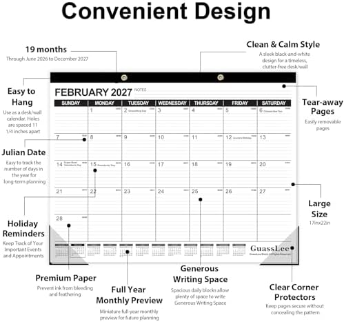 GuassLee Large Desk Calendar 2026, 3 Packs, 19 Months from Jun. 2026 to Dec. 2027, 22" x 17" Desk/Wall Calendar Hanging Planner with Julian Date, Notes, Corner Protectors for School Home Office - Image 3