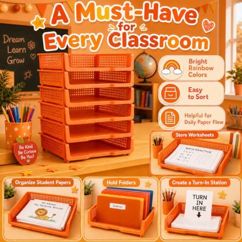 6 Pcs Orange Turn in Trays Classroom, Stackable Paper Bins for Classroom, 13x9x2.8 inch Plastic Baskets Desktop Organization System Office (Orange) - Image 5